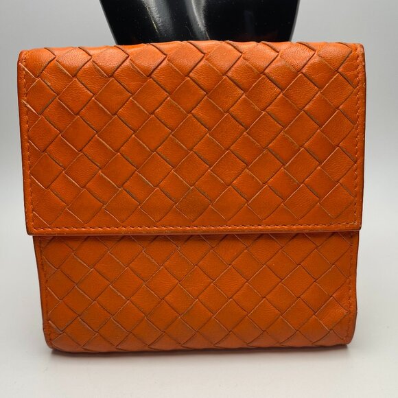 Bottega Veneta Intrecciato Nappa Leather Compact Wallet, Orange - Preowned - Picture 1 of 15
